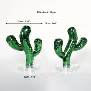 Green disco ball mosaic cactus ornament home party decor reflective table centerpiece.