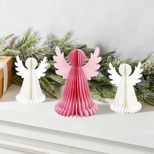 Décoration de Table en Papier Nid d'Abeille Ange de Noël Blanc Rose Ornement Suspendu pour Baptême Pâques Fête Maison Décor de Bureau