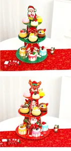 Primo piano dell'alzatina natalizia in carta a più livelli con decorazioni e dolci festivi.