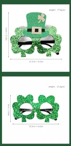 Lunettes de fête trèfle pailletées vertes de la Saint-Patrick avec dimensions détaillées.