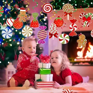 Christmas candy hanging swirl decorations set, peppermint gingerbread man party ceiling decor.