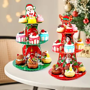 Alzatina per Torte in Carta di Natale a Più Livelli Con Motivo Babbo Natale Renna Pupazzo di Neve Torre Espositiva per Dessert Supporto per Cupcake per Festa