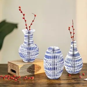 Neue Chinesische Premium Blau Weiß Porzellan Muster Faltbare Waben Papiervase Retro Dekorative Ornament Desktop Blumenhalter Für Zuhause Geschäft Tägliche Anordnung Layout