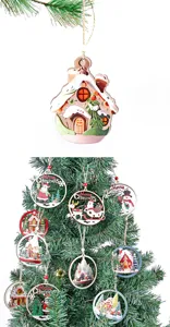 Wooden Christmas tree ornaments hanging hollow wooden crafts holiday home decor pendant tags set