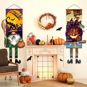 Pancarta Colgante de Halloween Bandera de Tela No Tejida Estampada Bruja Esqueleto Fantasma Calabaza Decoración de Pared para Fiesta