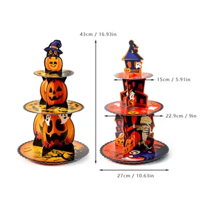 Halloween 3 tier cardboard cupcake stand dessert display rack for spooky party decor.
