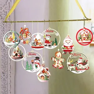 Cartoon Wooden Christmas Ornaments Hollow Laser Cut Wood Crafts Santa Claus Snowman Reindeer Hanging Pendant Home Party Tree Decorations