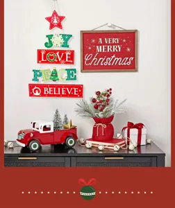 Wooden Christmas hanging sign and desktop truck ornament set for festive holiday home decor