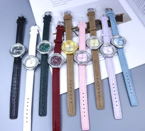 Fashion women quartz watch set with faux leather strap and crystal bezel, multiple colors.