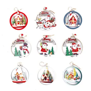 Wooden Christmas tree hanging ornaments, hollow carved wooden festive holiday home decor pendant set.