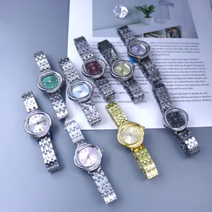 Women quartz watch set with rhinestone bezel, elegant stainless steel strap, multi-color dials.