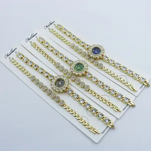 Montre à Quartz Femme Ensemble Bracelet Mode Floral Strass Montre-Bracelet Alliage Chaîne Luxe Bijoux Ensemble
