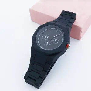 Men's black plastic quartz watch with multi-dial chronograph design and resin strap.