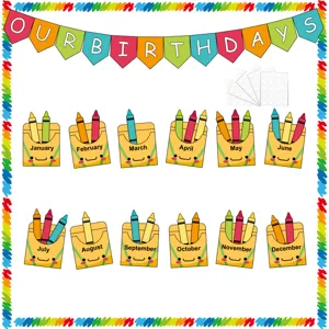 Geburtstag Buntstifte Banner und monatliche Taschen Karten Set fuer Klassenraum Party Dekor.