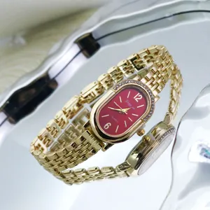Oval Rhinestone Retro Gold Watch For Women Elegant Niche Fashion Small Quartz Wristwatch Alloy Metal Chain Strap Ladies Jewelry Watch