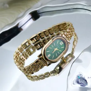 Women Oval Green Dial Quartz Watch Gold Metal Bracelet Diamond Luxury Wristwatch Elegant