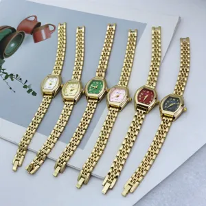 Elegant small tonneau quartz watch with metal link strap, chic daily women wrist watch accessory.