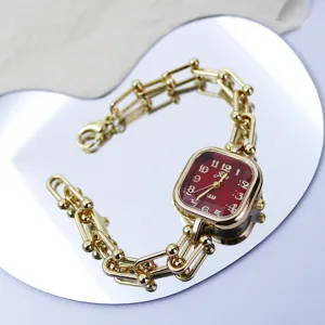 Luxury square dial women watch with gold link bracelet stylish quartz wristwatch.