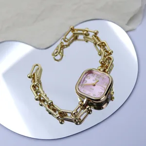 Luxury square pink dial women watch with gold chain link bracelet fashion elegant wristwatch