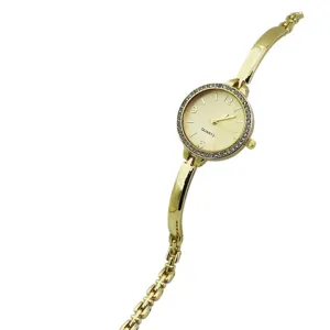 Gold tone women quartz bracelet watch with sparkling rhinestone bezel fashion wrist watch