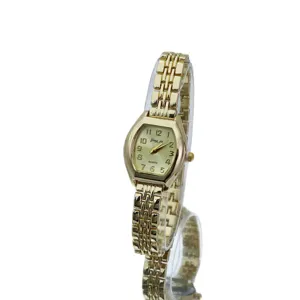 Elegant women gold quartz watch with tonneau dial and delicate chain link bracelet.