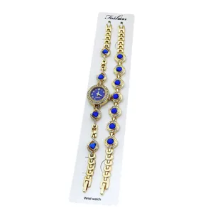 Ensemble montre quartz et bracelet pour femme avec pierres bleues et design chaîne dorée.
