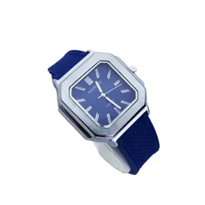 Reloj de cuarzo para hombre con caja cuadrada plateada, esfera azul y cómoda correa de silicona.