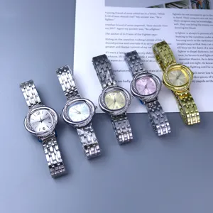 Elegant women rhinestone quartz watch with floral bezel and metal strap for daily wear