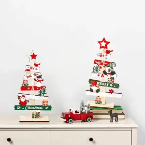 Mini wooden Christmas tree tabletop decor set with festive message letters for holiday home.