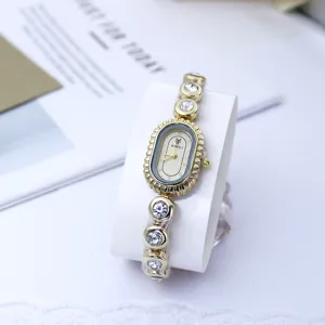 Vintage goldene ovale Strass Damenuhr Luxus Mode Kristall Armband Quarz Armbanduhr