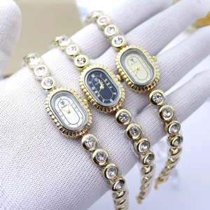 Elegante vintage ovale Strass Damenuhr gold Armbanduhr Quarzuhr Modeschmuck Design