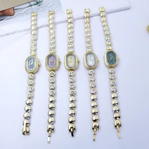 Vintage ovale Strass Damen Uhren Set, goldfarbene Metall Kette Armband Mode Uhr.