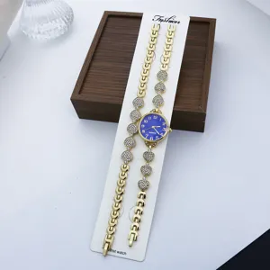 Elegantes Damenuhr-Set mit Quarzwerk, blauem Zifferblatt und funkelnden Strasssteinen.