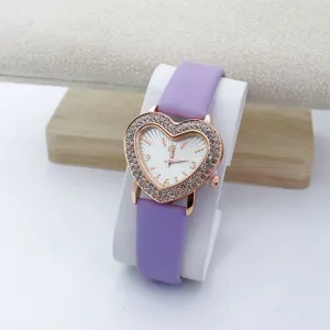 Reloj de cuarzo para mujer con esfera de estrás en forma de corazón y correa morada