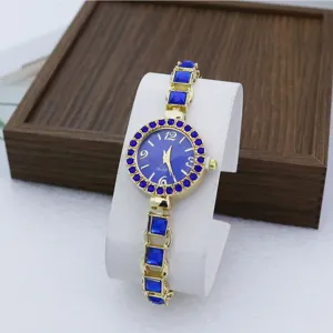 Vrouwen luxe blauwe strass kwarts horloge mode elegante gouden armband horloge detail