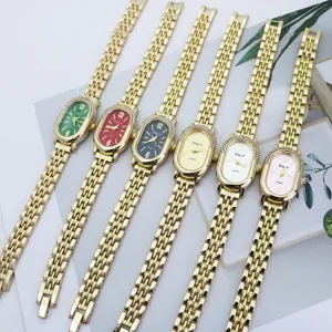 Women's oval rhinestone vintage gold quartz watch with delicate metal chain strap for daily style.