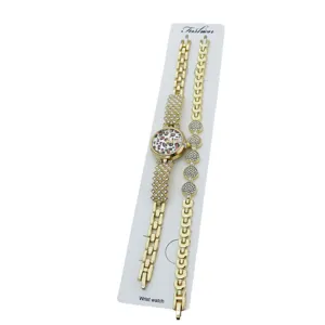 Damen Quarz Mode Uhr und Armband Set mit Leo Zifferblatt und Strass Gliederarmband.