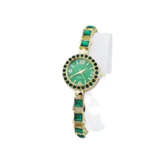 Dames Luxe Groene Edelsteen Quartz Horloge Goud Metaal Armband Mode Polshorloge Hoofd