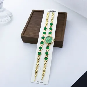 Damen Quarz Uhr Armband Set goldfarben gruenes Zifferblatt Mode Schmuck Armbanduhr Damen