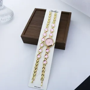 Damen Quarz Uhr Armband Set rosa runde Kristalle gold Metall Armbanduhr elegant Mode Geschenk