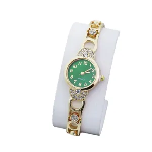 Gold quartz women watch with green dial and rhinestones bracelet fashion wristwatch main
