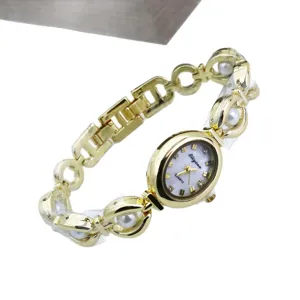 Elegant women's quartz watch with pearl bracelet, stylish gold metal design for daily wear.