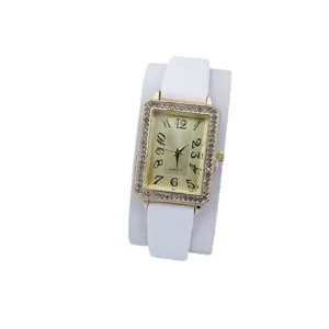 Dames Mode Vierkante Quartz Horloge met Witte Leren Band en Strass Steentjes