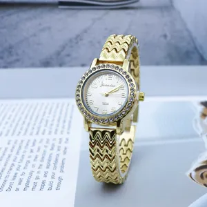 Fashion women gold quartz watch with rhinestone bezel and wavy bracelet design for daily wear.