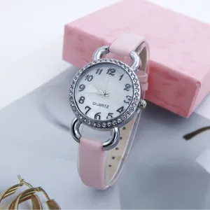 Damen Quarz Uhr rosa Lederarmband elegante Strass Armbanduhr modisches Geschenk