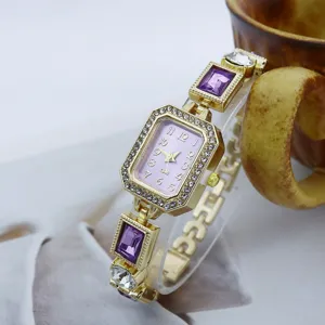 Damen quadratische Kristall Quarz Uhr Luxus Gold Kette lila Strass Modische Armbanduhr