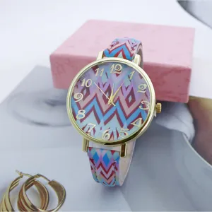 Korean style fashion quartz watch with colorful zig zag pattern dial and comfortable leather strap.
