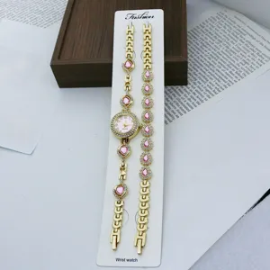 Damen Quarzuhr Armband Set Goldfarben Rosa Kristall Zifferblatt Modische Armbanduhr