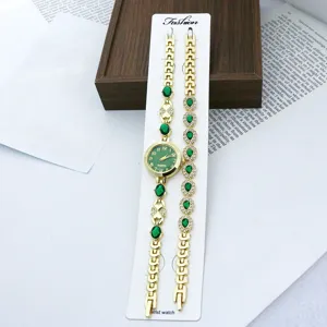 Damen Gold Quarz Uhr und grüne Kristall Strass Armband Set Mode elegante Armbanduhr