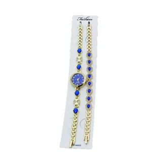 Damen Quarzuhr und Armband Set mit blauem Zifferblatt Strass Modeschmuck Geschenk.